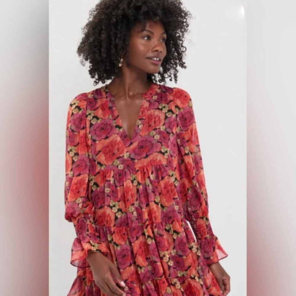 POMANDER PLACE Rose Chiffon Kenzo Dress XL Tuckernuck Tiered Metallic Floral